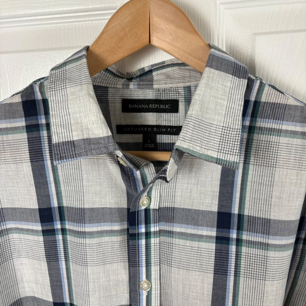 Banana Republic Men's‎ L Button-Down Shirt Blue Plaid Untucked Slim Fit Cotton
